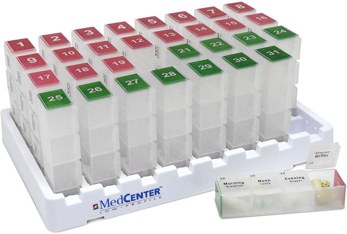FSA HSA Eligible Monthly & Weekly Pill Organizer Set - 31 Day Pill Box with 4 Daily Compartments & 7 Day Travel Medication Organizer with Portable Nylon Case