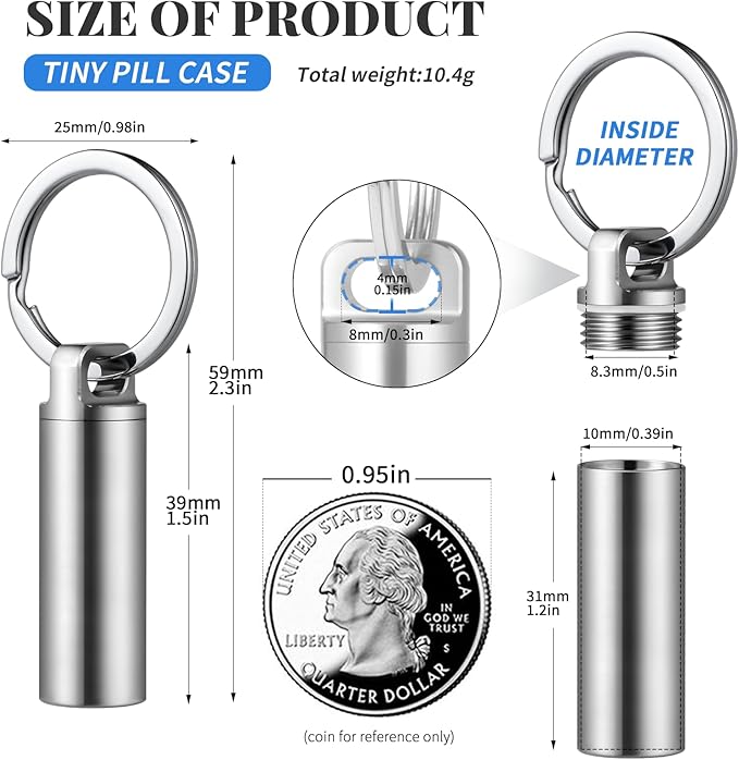 TISUR Portable Pill Cases, Metal Titanium Pill Holder Pocket Pill Box Keychain Waterproof Pill Bottle Medicine Organizer Case Container for Travel Purse Outdoor Camping