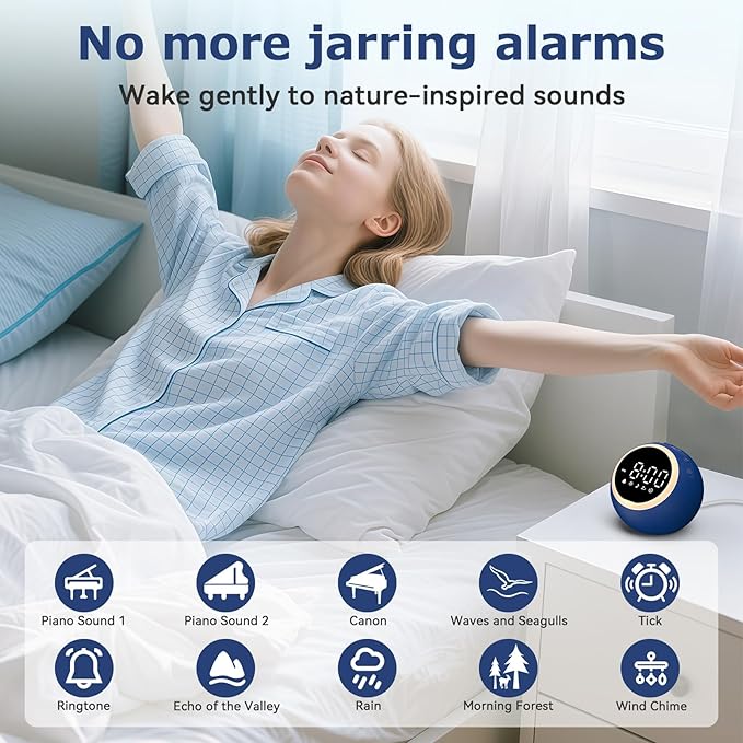 White Noise Sound Machine with Clock: Alarm Clocks, 30 Soothing Sounds, 10 Soft Wake-Up Sounds, 32 Adjustable Volume & Timer, Memory Function - Ideal for Bedrooms Use (Blue)