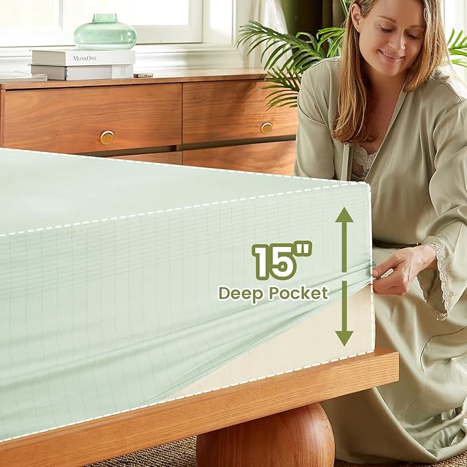 Grounding Sheets, 90% Viscose Derived from Bamboo 10% Silver Infused Cooling Sheets, 15 Deep Pocket Grounded Fitted Sheets Only, Green Queen-60"x80"x15"