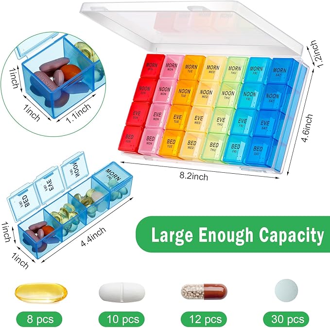 Hsei 4 Pack Pill Organizer Monthly XL Large Weekly Pill Organizer 4 Times a Day Box 7 Day Moisture Proof 4 Weeks Case Large(8.2 x 4.6 x 1.2 Inch)