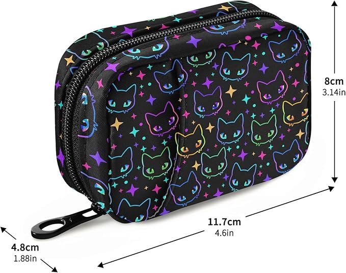 Travel Pill Organizer Bag Weekly Pill Organizer Case Goth Colorful Neon Cat Heads Portable Small Daily Pill Boxes for Vitamin Fish Oils Supplement Holder with Zipper Compact Size