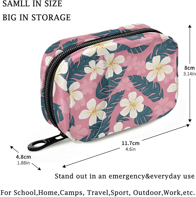 Fustylead Tropical White Hibiscus Floral and Palm Leaves Pill Organizer for Purse, Weekly Portable Pill Box with Zipper to Storage Vitamins Fish Oils Medications Supplements