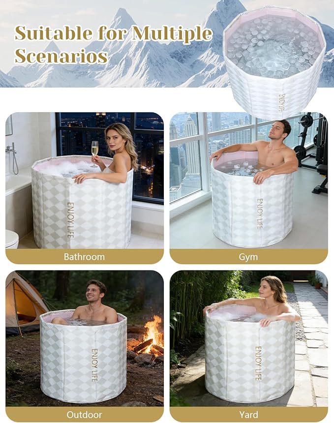 Portable Bathtub for Adults, Collapsible Freestanding Bathtub for Shower, Hot Ice Bath Tubs with Thickened Thermal Foam to Keep Temperature, PVC Outdoor Soaking Tub (Argyle)
