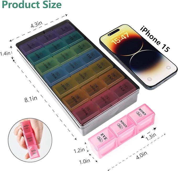 Large Weekly Pill Organizer 3 Times a Day, MOLN HYMY Dual Protection 7 Day Pill Box, Travel Friendly Portable Daily Pill Containers for Vitamins/Medication/Fish Oils/Supplements (Multicolor)