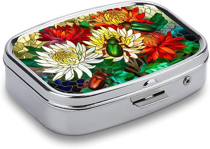 Beetles Scarabs and Flowers Pill Box 2 Compartment Floral Stainless Glass Portable Medicine Pill Case Travel Pill Organizer for Pocket Purse
