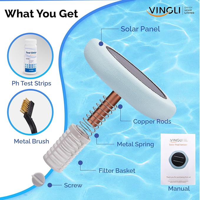 VINGLI Solar Pool Ionizer – Copper Pool Ionizer for Above Ground & Inground Pools up to 45,000 Gallons | Solar Ionizer for Pool with Efficient Water Clarification, 1-Year Warranty (Green, Upgraded)