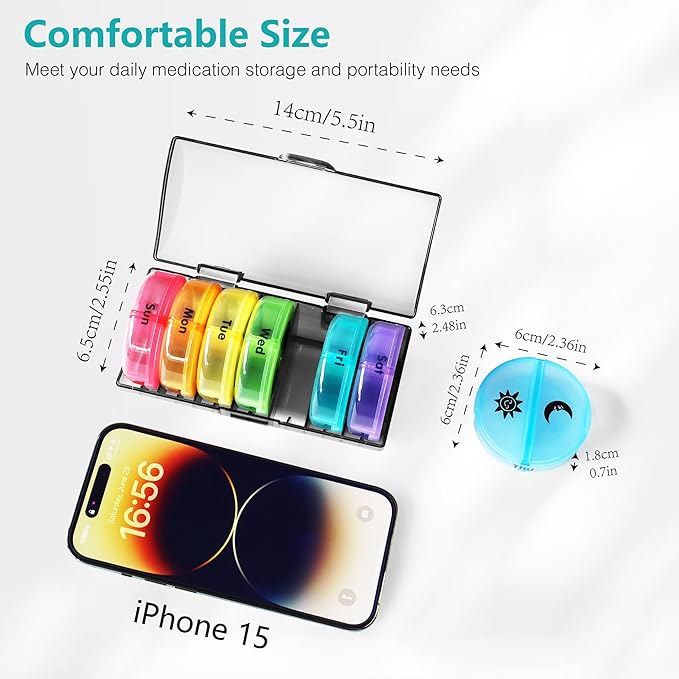 MOLN HYMY Portable Pill Organizer 2 Times a Day, Travel Friendly 7 Day Medicine Pill Box with Large AM PM Compartments for Medications/Vitamins/Fish Oil/Supplements (Rainbow+Black Case)