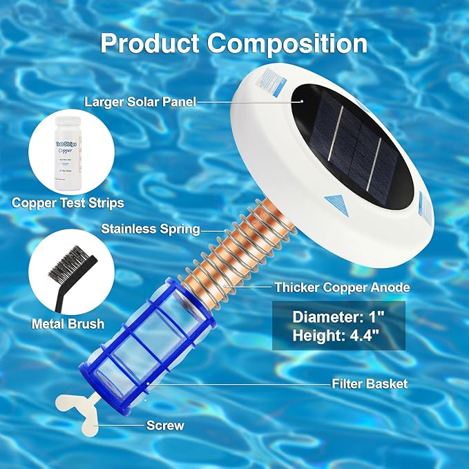 Solar Pool Ionizer – Floating Pool Maintenance Device with Heavy-Duty Copper Anode & Oversized Solar Panel, Supports Crystal Clear Water for Pools Up to 45,000 Gallons