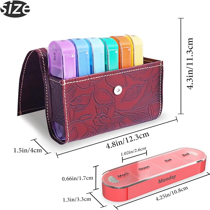 Pill Organizer,LIZIMANDU Weekly Travel Pill Case Box Medication Reminder Daily AM PM, Day Night 7 Compartments,for 4 Times A Day, 7 Days a Week-Includes Leather PU Carrying Case(1-Carved Red2)