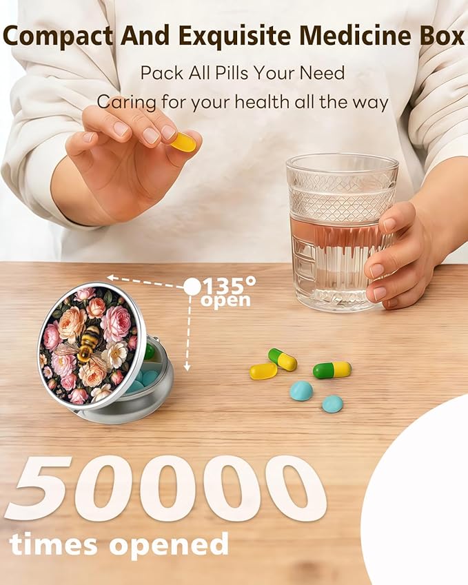 LRITER Pill Case, Portable Travel Pill Box, Pillbox Organizer, Cute Small Medicine Storage Container, Purse Accessories for Women, Men (Bee)