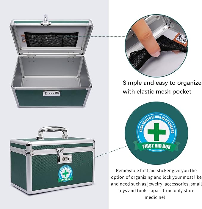 Lockable Medication Box with Portable Storage Case, 12.2''x 7.2''x 7.6'', Childproof Medicine Lock Organizer, Lockbox for Documents & Valuables (Green/Medium)