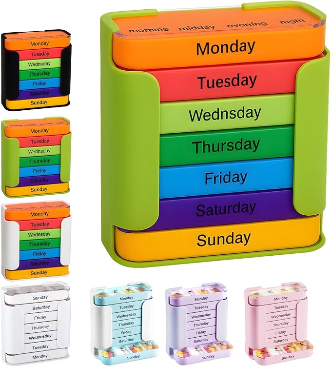 7-Day Weekly Medication Organizer - Stay on Track Medication Organizer with 7 Stackable Compartments, Four Times-a-Day (Morning, Noon, Evening, Bedtime) for Organized Pill Taking (Green)