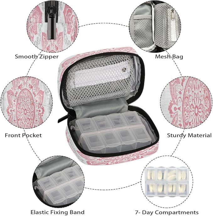 Pink Mandala Art Pill Case Travel Pill Organizer Weekly 7 Day Portable with Zipper Medicine Box Pill Case for Vitamins, Birth Control,Fish Oils,Medication, Supplements