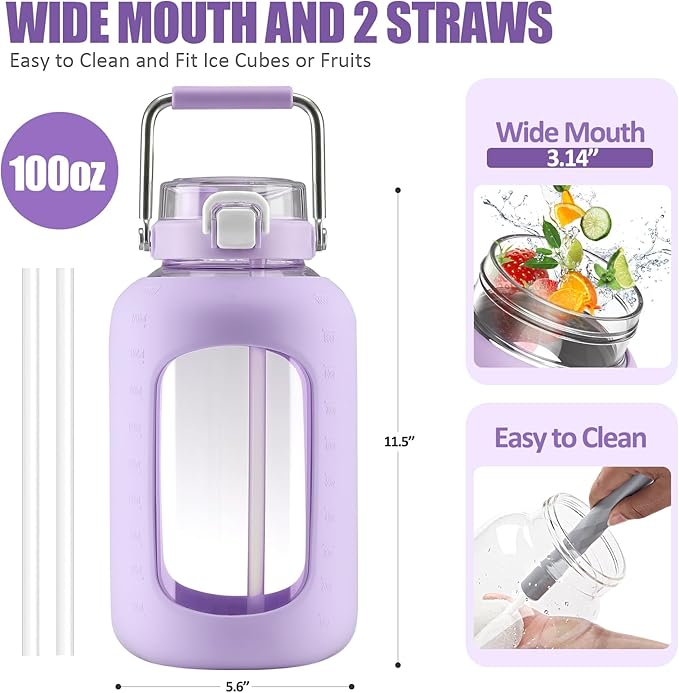 Large Glass Water Bottles with Stainless Steel Handle,100 oz Gallon Drinking Bottle with 2-in-1 Straw Lid,3 Liter Glass Water Jug with Silicone Sleeve,Wide Mouth,Purple