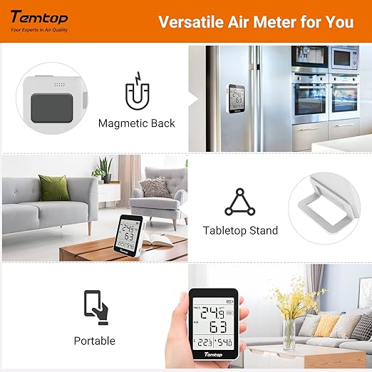 Temtop 2 Pack S1 Indoor Air Quality Monitor, Portable AQI PM2.5, Temperature, Humidity Detector for Home, Office or School, Air Quality Tester 4 More Home Monitoring, Battery Powered, Magnetic Suction