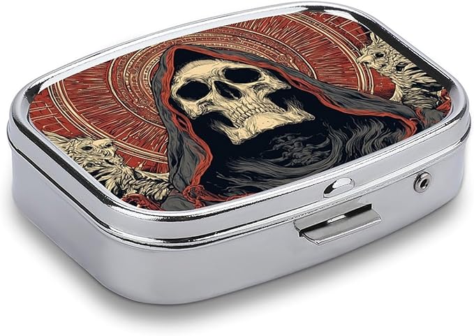 Metal Pill Organizer – 2-Compartment Pocket Pill Box for Vitamins, Supplements, Medications – Compact Travel Case (Reaper Skull with Sacred Halo)
