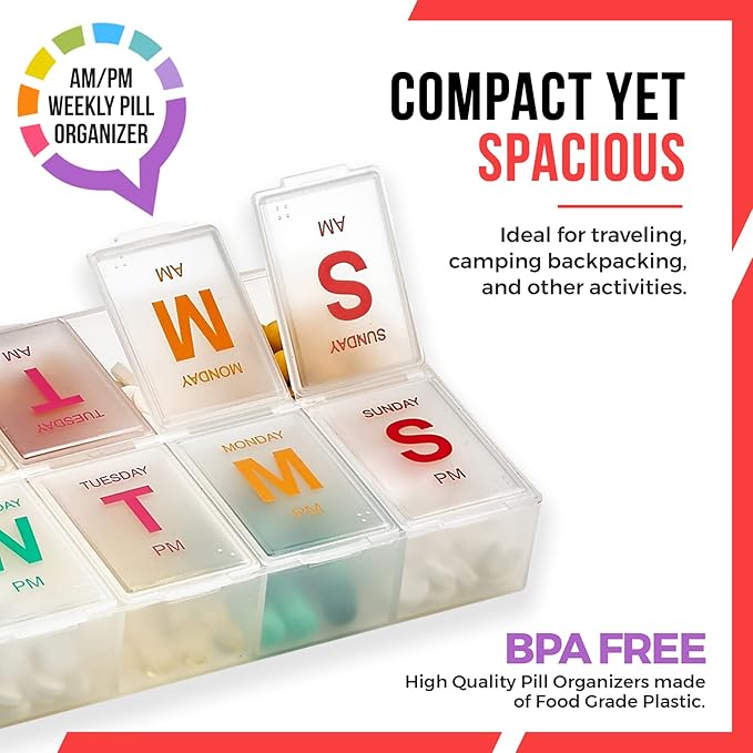 Extra Large Pill Organizer - Pill Box 7 Day Weekly Pill Organizer 2 Times a Day and AM PM Daily Pill Organizer Case for Medication Pills and Supplements with Braille and Bright XL Easy to Read Colors