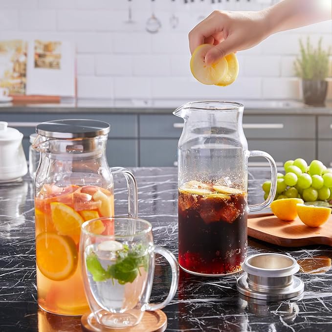 Bivvclaz 2 Pack 1.2 Liter 40 oz Small Glass Pitcher with Lid and Handle, Glass Carafe Water Pitcher for Hot/Cold Water, Iced Tea, Drinks, Coffee, Juice and Homemade Beverage