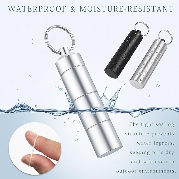 Aluminum Alloy Travel Pill Case with Keychain, 3 Compartments Portable Waterproof Pill Holder, 2 Pack