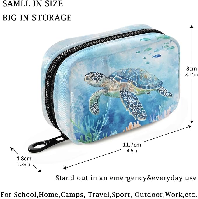 Fustylead Vivid Sea Turtle Swimming in Ocean Pill Organizers 2 Times A Day Pill Case Bag with Zipper Portable Weekly Pill Dispensers for Vitamin Supplement