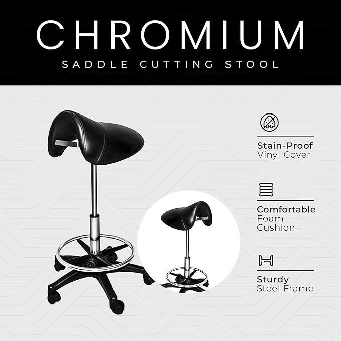 Chromium Professional Rotational Saddle Cutting Stool with High Density Foam Cushions and Steel Frame for Hair Cutting, Styling, and Perming, Black