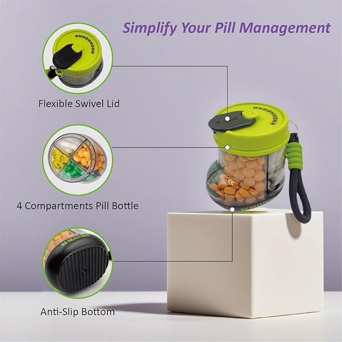 Cute Pill Dispenser，Portable Pill Bottle Organizer with 4 Compartments，Travel Pill Organizer with Anti-Mixing & Wide Openings Design(Green)
