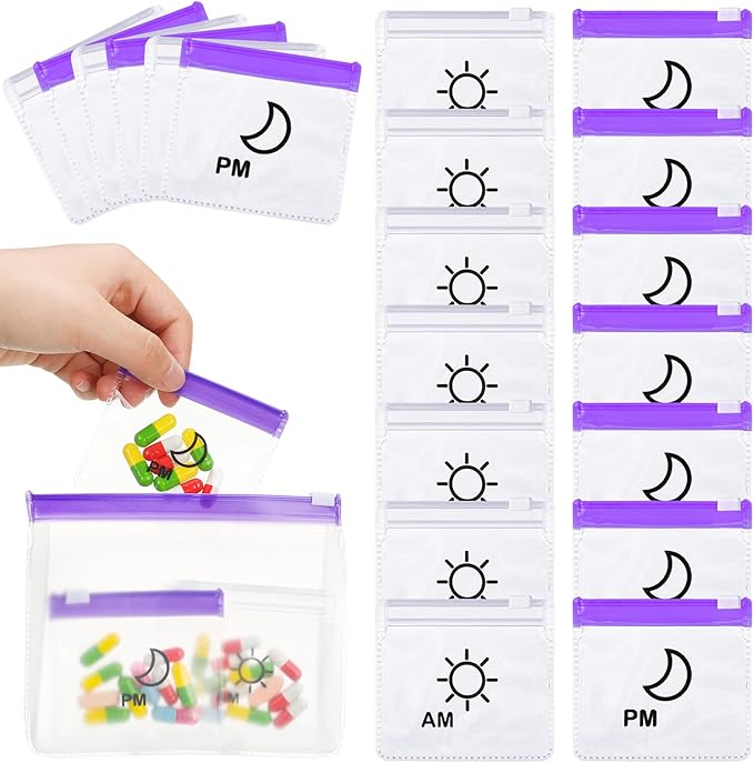 Colarr 14 Pcs AM PM Pill Pouches Bags Reusable Zippered Day and Night Pill Organizer with Slide Lock for Travel Medicine Case, 1 Large 14 Small(Clear, Purple)