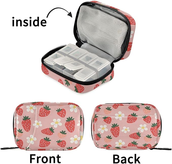 Fustylead Hand Draw Strawberry and Cute Flower on Pink Background Pill Organizer for Purse, Weekly Portable Pill Box with Zipper to Storage Vitamins Fish Oils Medications Supplements