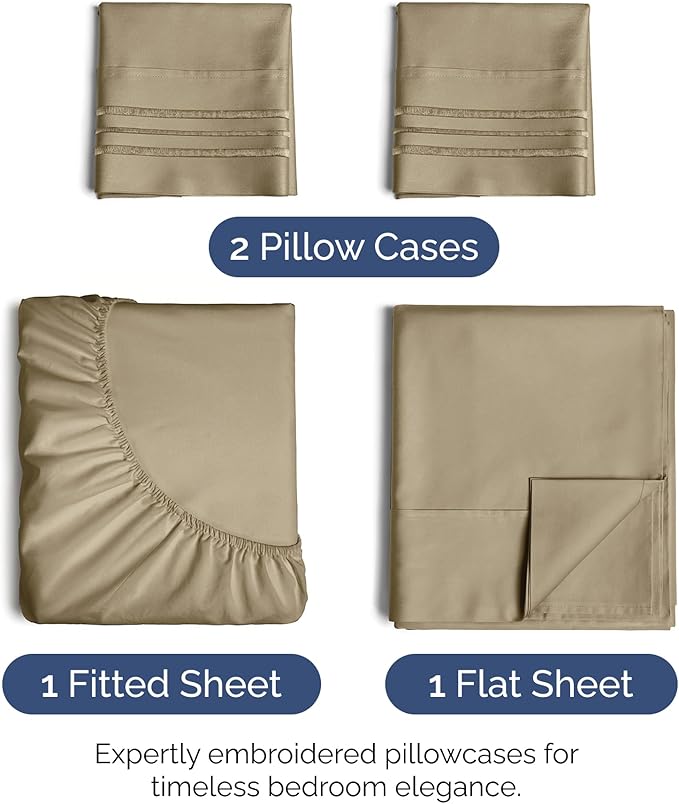Cal King Size 4 Piece Sheet Set - Extra Soft, Breathable & Cooling Sheets - Hotel Luxury Bed Sheets for Women & Men - Deep Pockets, Easy-Fit & Wrinkle-Free Sheets - Light Caramel Oeko-Tex Bed Sheets