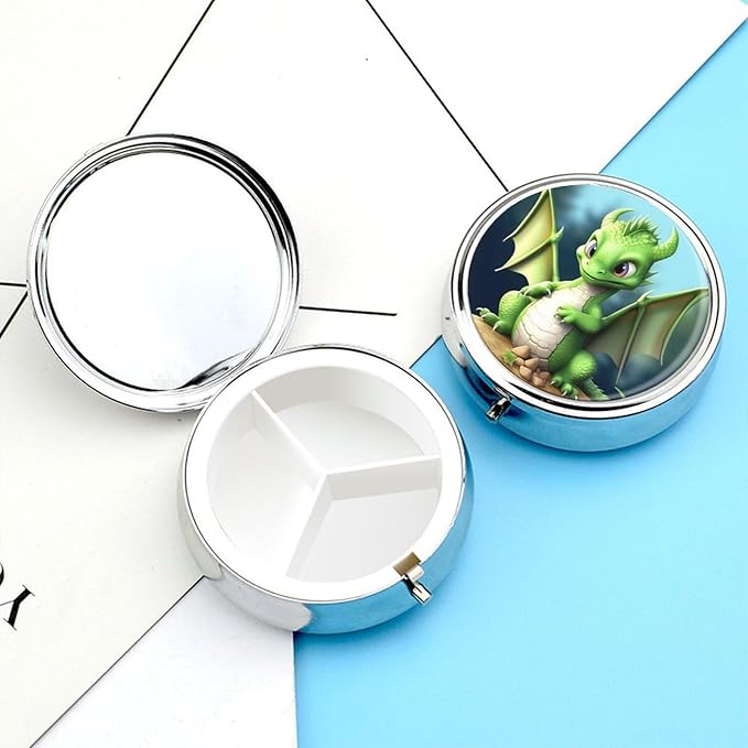 Dragon Cute Pill Box Travel Pill Case for Purse Pocket Weekly Medicine Organizer with Mirror 3 Compartment Round Medicine Case Portable PillcaseHolder for Daily