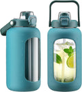 72oz Glass Water Bottle with 2-IN-1 Straw &Chug Lid, Large Motivational Glass Bottle with Capacity Marker and Silicone Sleeve, 2.1Liter Gallon Water Jug for Home, Sports, Gym, BPA Free-Green