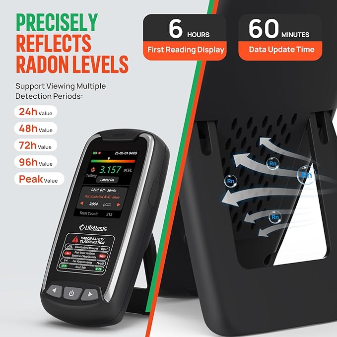 LifeBasis Portable Radon Detector with TFT Color Display, First Result in 6 Hours, Rechargeable Radon Monitor for Home Basement, 504-Day Accurate Data Storage, Visual & Audible Alarm pCi/L or Bq/m³
