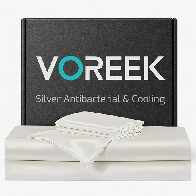 Silver Infused Bed Sheets - 20% Silk Blend Sheet with Self-Cleaning Technology for 3X Freshness Sleep, Luxe Soft Temperature Regulating Cooling Sheets for Hot Sleep (PearlWhite,King)