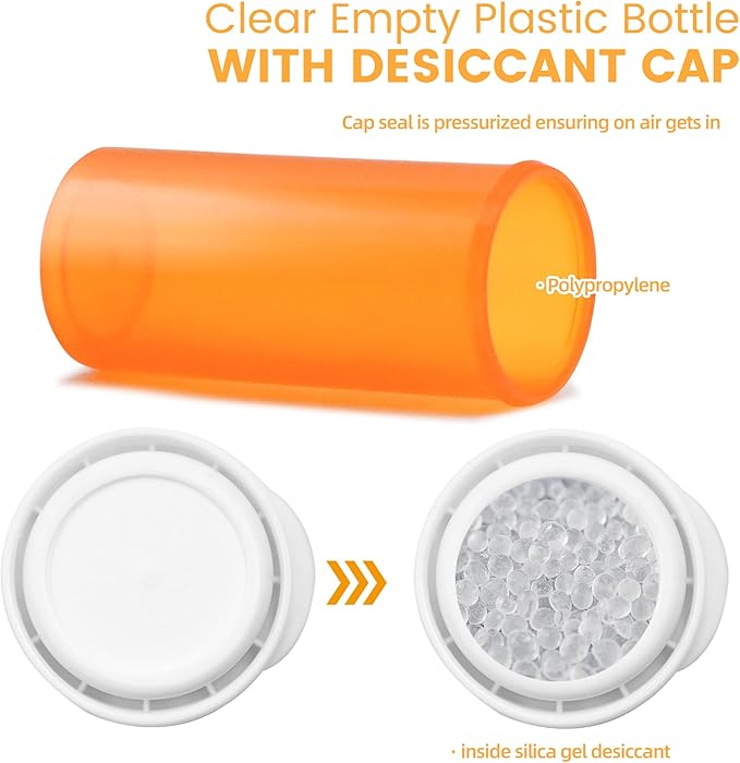 Pill Bottle with Desiccant Cap, Medicine Bottle, Pill Bottles Empty with Caps, Empty Pill Bottles (6 Dram, 12 Pack)