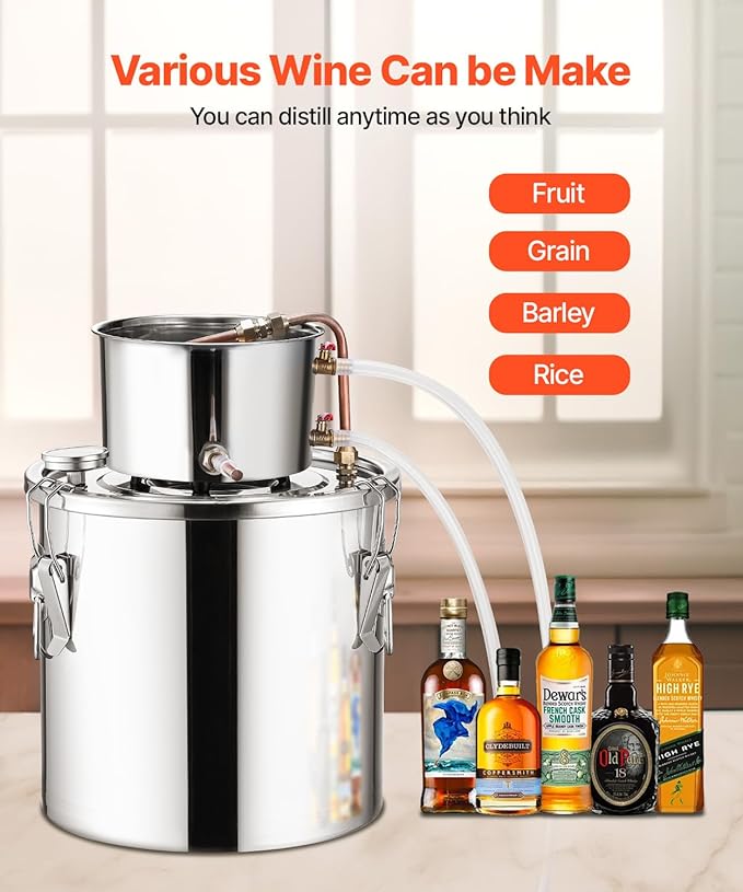 VEVOR Alcohol Still, 5 Gal / 19 L Stainless Steel Water Alcohol Distiller with Copper Coil, Home Brewing Refining Fermentation Kit with Thermometer, for Wine Whisky Brandy, Silver