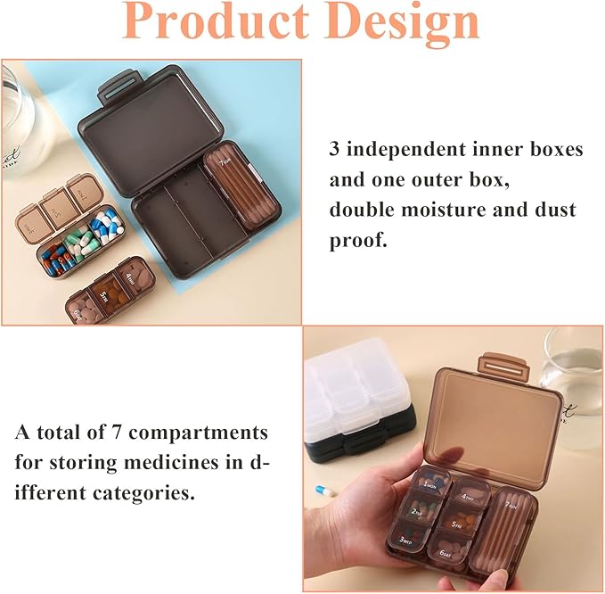 Weekly Pill Box Organiser for Pocket, Daily Medication Storage Case with 7 Compartments, BPA-Free Double Seal Waterproof, Storage for Vitamins, Fish Oil, Dietary Supplements (Brown)