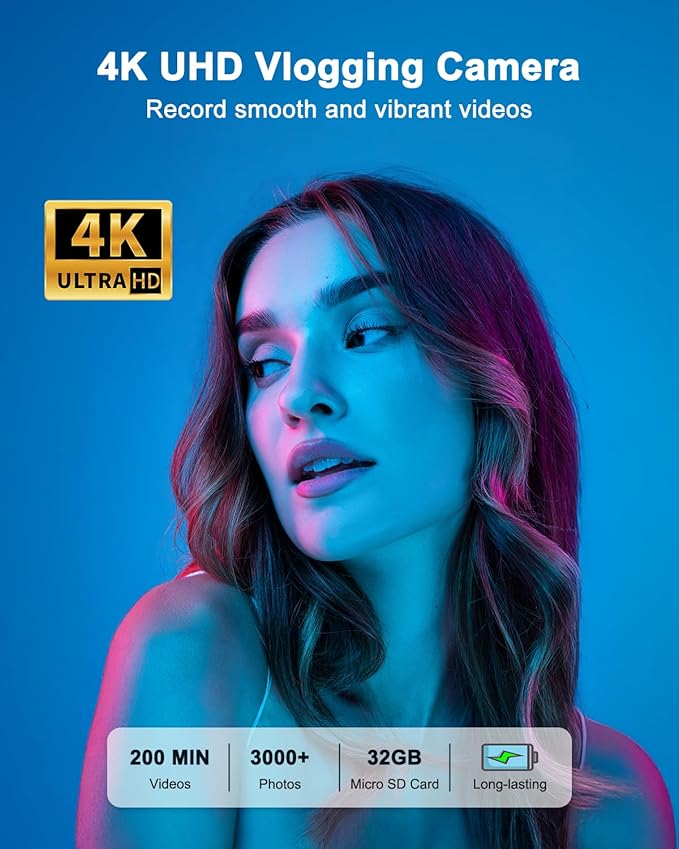 4K Digital Camera for Beginners & Teens with WiFi, 64MP Compact Autofocus Camera with 32Gb Card for Travel Vlogging Camera for YouTube, 180° Flip Screen Selfie Camera, Includes 2 Batteries