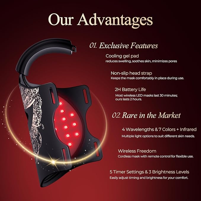 Red Light Therapy Mask for Face,Infrared Led Red Light Face Mask With Red Blue Amber，4 Wavelengths & 4 LED light Modes,1.5H Battery Life，Cordless Remote Modes,Brightness,Timing