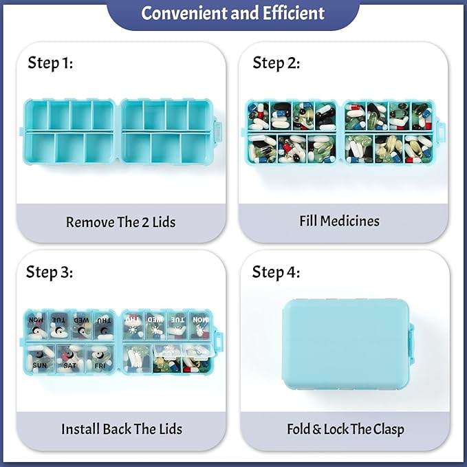 Foldable & Portable Weekly Pill Organizer 2 Times a Day with Clear Printed Labels - 7 Day AM PM Medicine Box, Week Daily Travel Pill Meds Case Holder for Medications, Vitamin, Supplement - SkyBlue
