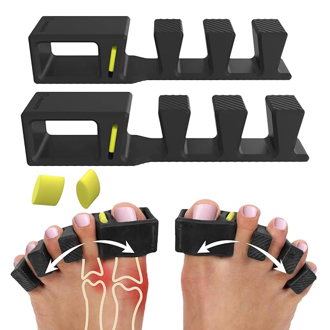 APEX Adjustable Toe Separators, Spreaders, Spacers, Straightener to Correct Toes for Men and Women, Bunion Corrector, Plantar Fasciitis, 50% Thicker, 2 Pairs, S/M and Large, Black