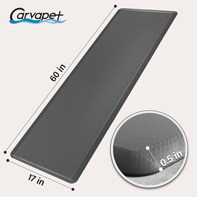 Carvapet Non Slip Kitchen Mat, 12MM Cushioned Anti Fatigue Standing Mat, PVC Waterproof Runner Rug for Kitchen, Office, Standing Desk, Grey, 17" x60