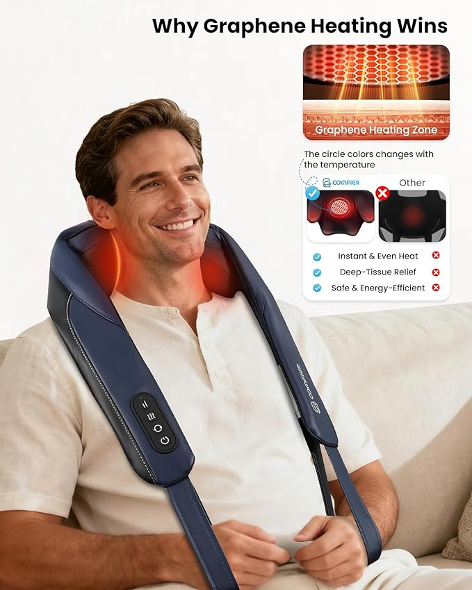 COMFIER FSA Eligible Cordless Neck Massager with Heat, 4D Shiatsu Deep Tissue Kneading for Neck & Shoulders, Graphene Heating Massage Pillow, Portable & Rechargeable