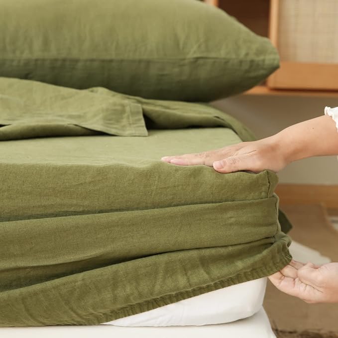Simple&Opulence Washed Linen Bed Sheet Set Basic Style 4 Pieces (1 Flat Sheet & 1 Fitted Sheet & 2 Pillowcases) 100% Natural French Flax Soft Breathable Farmhouse Bedding (Queen, Olive Green)