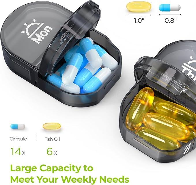 AUVON Canvas Bag Travel Pill Organizer 2 Times a Day, Large AM/PM Weekly Pill Box 7 Day Pill Case with Portable Black Zipper Cloth Bag for Holding Supplements, Vitamins and Fish Oils