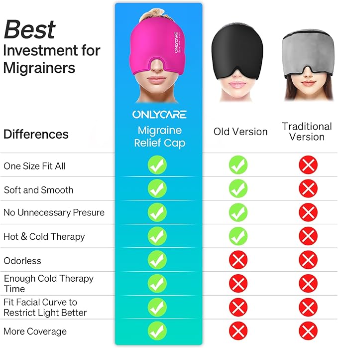 ONLYCARE Migraine Relief Cap, Soothing Migraine Mask, Upgraded Odorless Gel Ice Head Wrap, Hot and Cold Therapy, Headache Ice Pack for Tension, Stress, Hangover (Bright Pink)