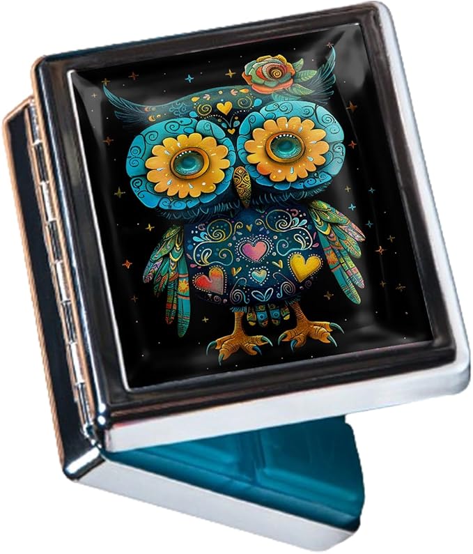 Metal Pill Organizer Box with Mirror – 8 Compartment Chrome Pill Case, Pocket-Size Travel Pill Container for Vitamins, Seniors, Daily Use (Whimsical Owl of Hearts)
