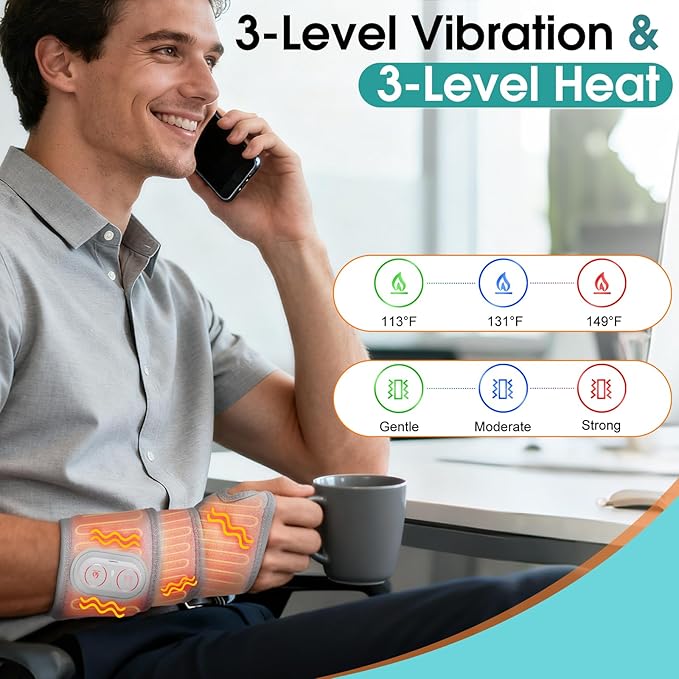 Cordless Wrist Heating Pad, Heated Wrist Brace Wrist Massager Wrap for Arthritis, Rechargeable Heated Hand Heating Pad Massage for Carpal Tunnel & Office Pain Relief (Light Grey)