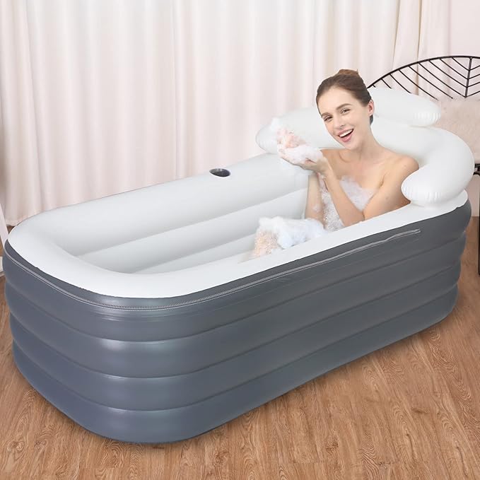 B&Y Portable Adult Soaking Bathtub, Ice Bath Tub Family Home Spa Tub with Zipper Cover, Designed with Headrest, Cup Holder (Air Pump Included) (Rectangular-164x84x51cm (without Machine))