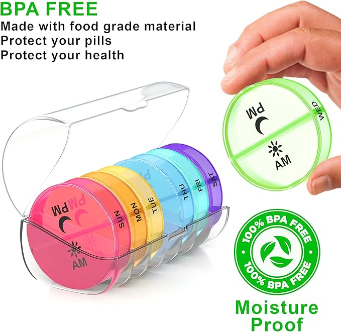 Weekly Pill Organizer 2 Times a Day - Large Capacity –Travel Pill Box 7 Day with Airtight Lid Lock – Portable Pill Case for Purse – Ideal for Vitamins, Supplements, and Fish Oil Pills (Rainbow)